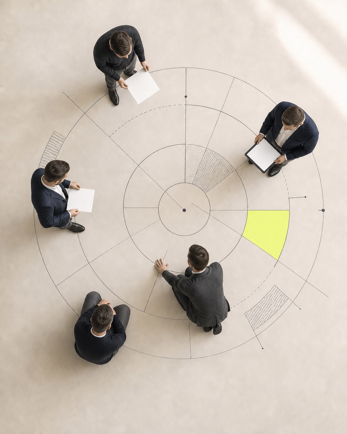 Maciej Żak w pięciu rolach, widziany z góry wokół diagramu systemu wzrostu